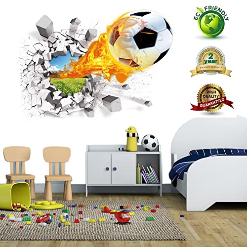 U-Shark 3D Self-adesive Removable Break Through The Wall Vinyl Wall Stickers/Murals Art Decals Decorator Kid's Favor (Soccer (2 Sheets of 28"w X 10"h/70x25cm))