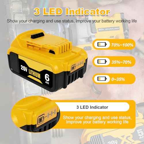 2-Packs DCB206 6.0Ah Replacement Battery for Dewalt 20V Max Battery Compatible with DCB208 DCB207 DCB206 DCB204 DCB203 DCB201 DCB200 Fit for Dewalt DCB200 DCD DCF DCG Series Cordless Power Tools