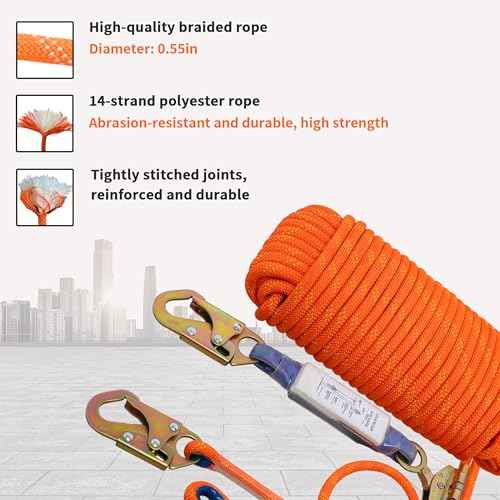 Fall Protection Safety Rope 25ft Heavy Duty Vertical Roofing Grab Snap Hook Shock Absorber Fall Protection Line Kit Restraint System Roofing Safety Equipment(25FT)