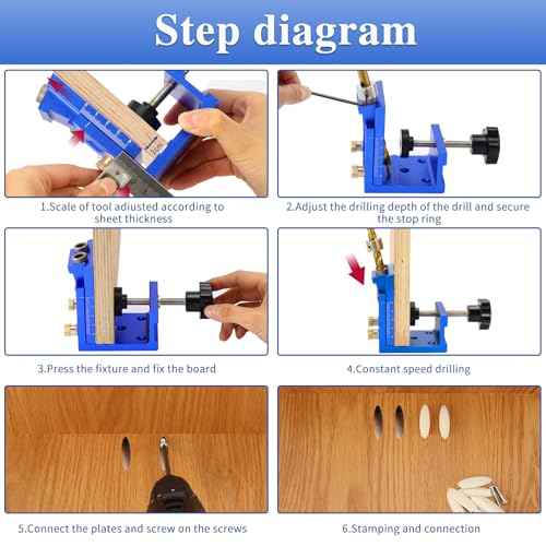 Pocket Hole Jig Kit, Metal Pocket Screw Jig 15 Degree Drilling Locator,Pocket Dowel Hole Jig System Set Wood Joint Angle Tool (Blue)