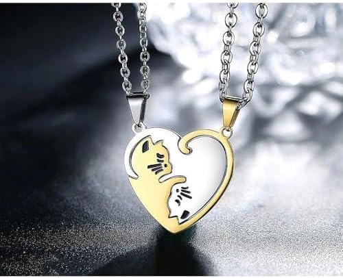 Cat Matching Necklaces, heart cat necklace,friendship necklace,couple necklaces, stainless steel necklace,bff necklace, birthday present, anniversary, Christmas Gift