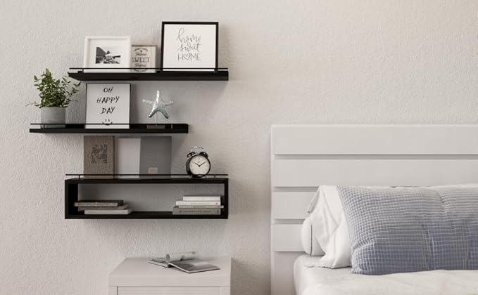 WOPITUES Floating Shelves for Wall 24 inch with Cube Shelf, Wall Shelves with Metal Rail for Decor, Bathroom Organizers and Storage, Over Toilet Shelves for Bathroom, Toilet Paper-Black