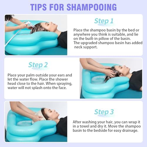 Portable Inflatable Shampoo Basin for Bedridden & Elderly - Zero Pooling Design | Fast-Drain Slope & Neck Support | Portable Hair Wash Bowl, Drain Hose | Hospital PVC | Home Use (Blue, Large)