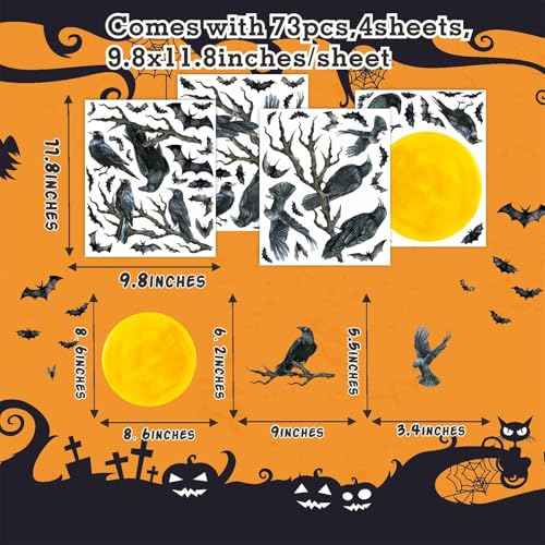 Halloween Crow Wall Decals Black Raven Tree Branches Decals Moon Bat Crow Window Stickers Moon Tree Branch Gothic Halloween Wall Stickers Raven Crows Wall Window Decorations