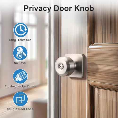 KNOBWELL Brushed Nickel Door Knob, Square Interior Door Knobs, Privacy Door Knob for Bedroom Bathroom, Stainless Steel Indoor Door Knobs, 6 Pack