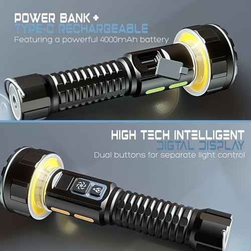 Rechargeable Flashlights High Lumens, 3500LM Bright Tactical Flashlight, 4000mAh with LCD Display, 3 Modes COB Camping Lantern Flashlight for Outdoor Emergency, Hiking, Home Use