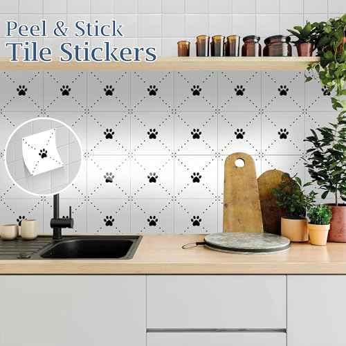 Peel & Stick Tile Stickers 12 PCS Self Adhesive Backsplash Decorative Wall Stickers for Kitchen Bathroom Tile Decals Waterproof & Removable 6" x 6" (Black Paw)