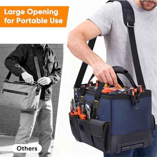 Rolling Tool Bag with Large Capacity, Heavy Duty Tool Organizer Bag with Wheels and Multi-pocket, Tool Storage Bag with Handle/Shoudler Strap/for Men, Electrician, Repairman, HVAC Techs, Mechanic