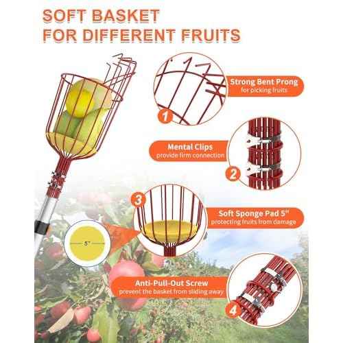 Buyplus 26ft High Reach Fruit Picker with Basket Telescoping, 5-20 Foot Heavy Duty Sturdy Aluminium Telescoping Extension Pole, Easy to Attach Twist-On Metal Basket for Picking Mango Avocado Lemon