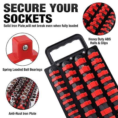 ALOANES 160-Piece Portable Socket Organizer Steel Tray, Heavy Duty Socket Holders with Handle, Socket Rack, 1/4-Inch x52 Clips, 3/8-Inch x 60 Clips, 1/2-Inch x 48 Clips, 2Packs Set (Blue&Red)