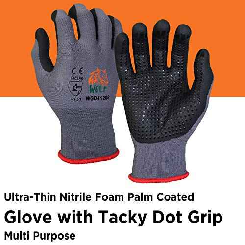 WOLF Ultra-Thin Nitrile Foam Palm Coated Glove with Tacky Dot Grip, Multi Purpose