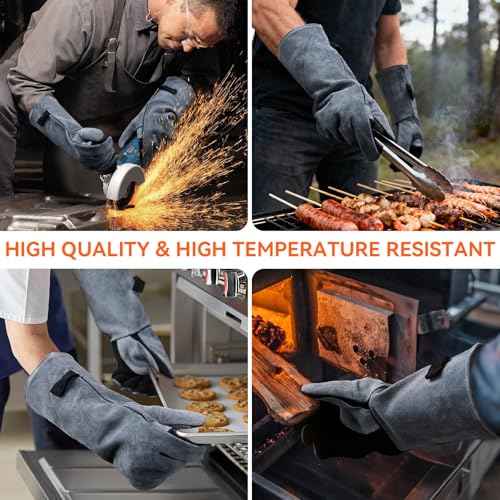 OZERO 932¡ÆF Heat Resistant Welding Gloves 16 inches Cowhide Leather - Long Sleeve and Insulated Lining BBQ Glove for Tig Welder/Mig/Grill/Barbecue/Stove Black-gray