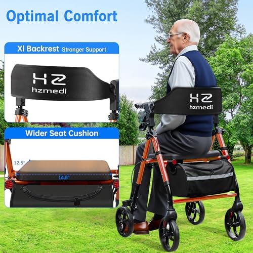Walkers for Seniors with Seat, 8" Big Wheels Adult Lightweight Rollator with Backrest, Dual Adjustable Height Foldable Aluminium Medical Rolling Walker with Brakes| Deep Orange