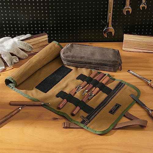 16OZ Waxed Canvas Tool Roll Bag, Heavy Duty Tool Storage Roll Bag with 7 Tool Slots & 1 Detachable Pouch, Khaki Tool Organizer for Wrenches and Tools (23.5"L x 9.5"W)