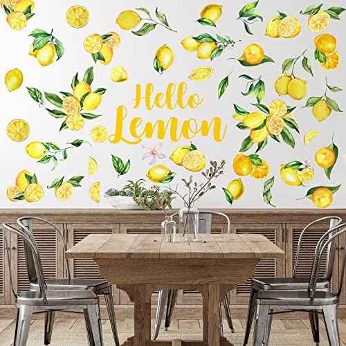 6 Sheet Lemon Wall Decals Decor Peel and Stick Wall Stickers Art for Kitchen Boho Fruit Flower Botanical Leaf Decals Yellow Green Lemonade Wallpaper Summer Lemon Stickers for Living Dining Room