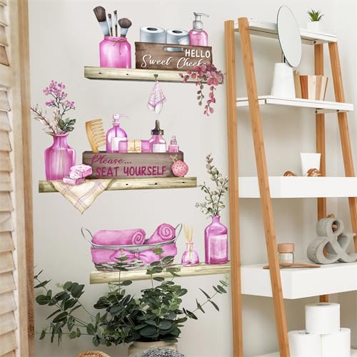 Pink Towel Shelf Wall Stickers, sacinora Cosmetic Brush Organizer DIY Wall Decals Removable Vinyl Peel and Stick for Girls Women Bathroom Restroom Toilet Art Home Decoration