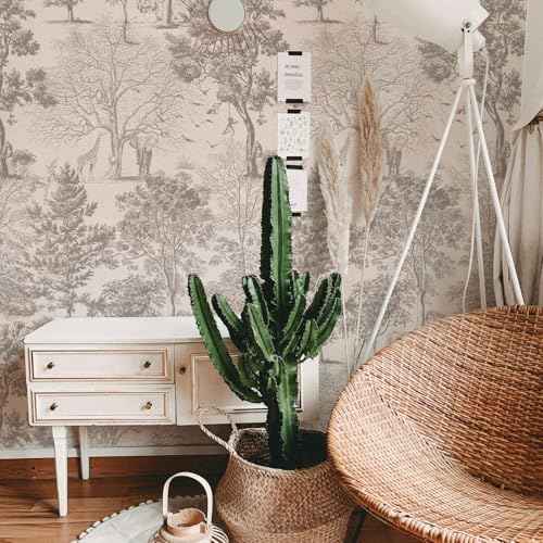 Woodland Wallpaper Peel and Stick- Vintage Beige Forest Tree Mural for Bedroom Living Room Removable Animals Contact Paper Self Adhesive Wallpaper (Cream, 17.3" X 78.74")