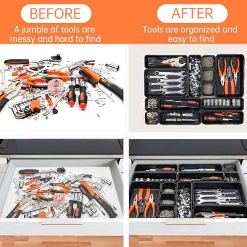 [5-Sizes] 70 Pack Tool Box Organizer Tray, Large 12'' Tools Box Organizers and Storage, for Hammer, Wrench, Screw, Small Parts Toolbox Organization, Tool Cart Chest Garage Drawer Organizer Tray, Black
