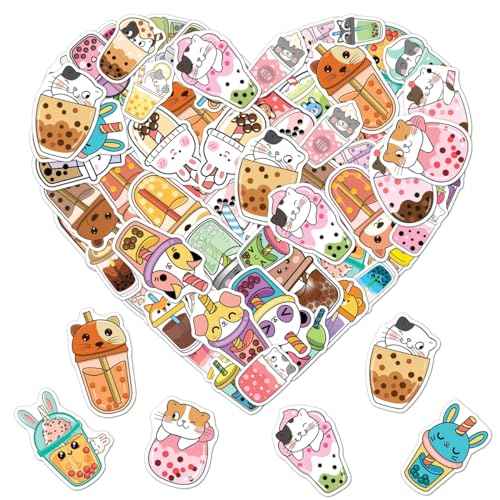 Pack 50 Pcs Cute Beverage Boba Tea Stickers for Water Bottles Waterproof Laptop Luggage Helmet Computer Teens Adults Girls Boys Funny Aesthetic Sticker Packs Small Vinyl Decals