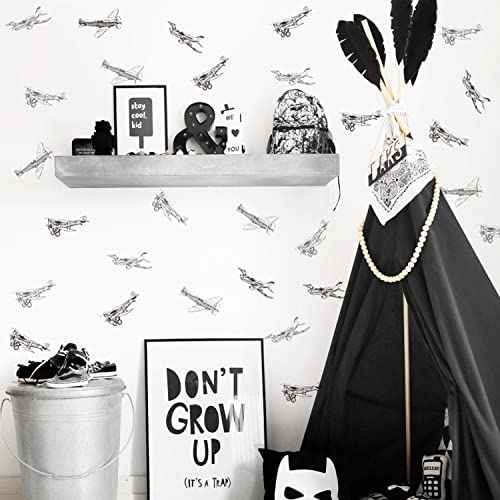 Boy Vintage Planes Wall Decals - Peel and Stick Airplane Wall Stickers, Sketch Themed for Baby Boys or Gender Neutral Rooms
