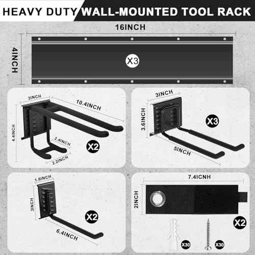 Garage Tool Organizer Wall Mount 48 inches Sturdy Storage Rack with Adjustable Hooks, Anti-Rust - Easy Installation, 12 Packs Capacity Garden Tool Organizer