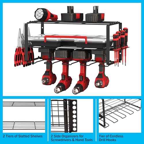 Stalwart Power Tool Organizer - 3-Tier Garage Shelving Unit with 110lb Max Capacity - Wall Mount Garage Storage System for Tools