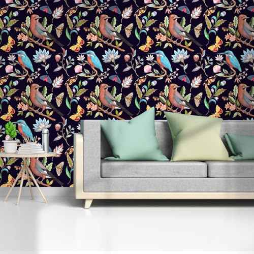 Vintage Black Floral Bird Peel and Stick Wallpaper Dark Botanical Design with Butterfly Removable Self Adhesive Vinyl Contact Paper for Cabinets Bathroom Wallpaper 17.7" x 70.8"