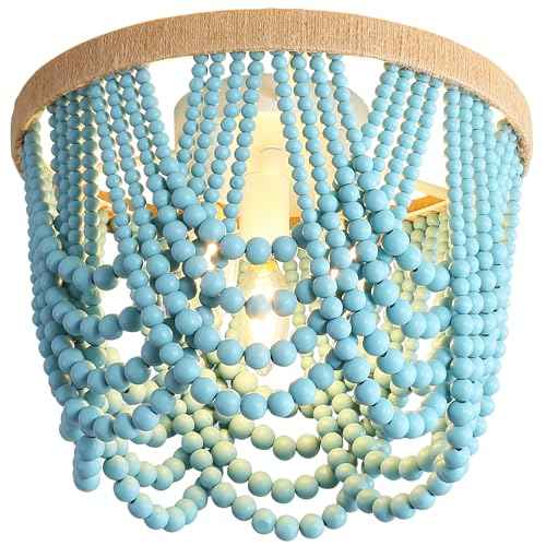 Bohemian Beaded Chandelier - 3 Shallow Wood Beads Ceiling Light for Nursery and Bedroom (Blue)