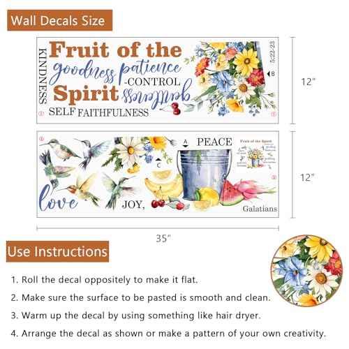 Yovkky Fruit of The Spirit Spring Flower Birds Inspirational Wall Decals Stickers, Motivational Quote Hummingbird Daisy Floral Home Bedroom Decor, Positive Bucket Living Room Kitchen Decorations
