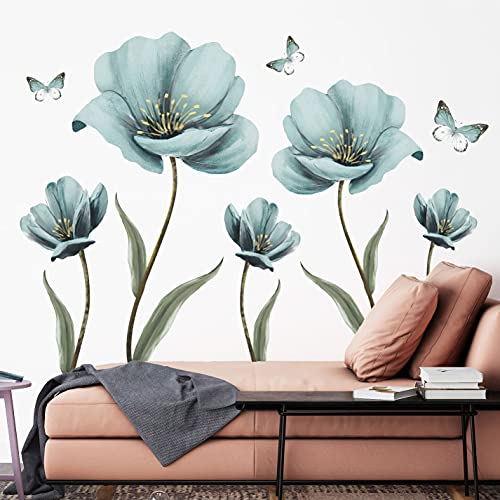 Dreamy Blue Flower Wall Stickers Creative Painted Butterflies Wall Decals Romantic Painting Art Decor Vinyl Removable Peel and Stick for Living Room Nursery Bedroom Office Bathroom Wall Decoration