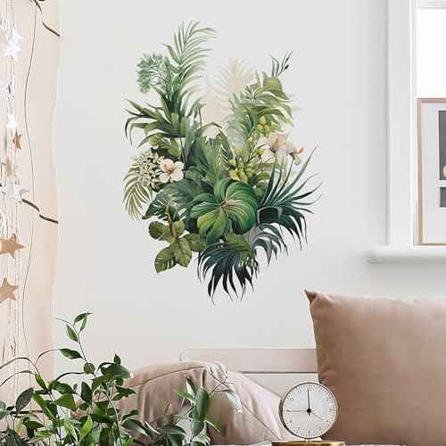 Botanical Wall Decals with Palm Leaves Lush Green Foliage White Flowers Removable Peel and Stick Wall Art 22.4x15.7 inches for Living Room Nursery Home Decor