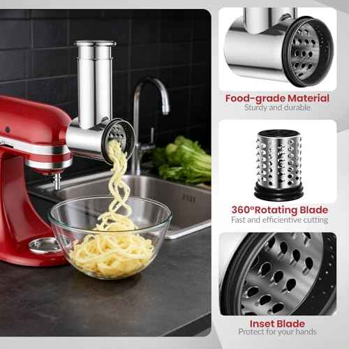 Stainless Steel Slicer Shredder Attachment for KitchenAid Stand Mixers, Large Vegetable Slicer Cheese Grater Attachment for Kitchenaid, Salad Maker Grinding Powder with 4 Blades