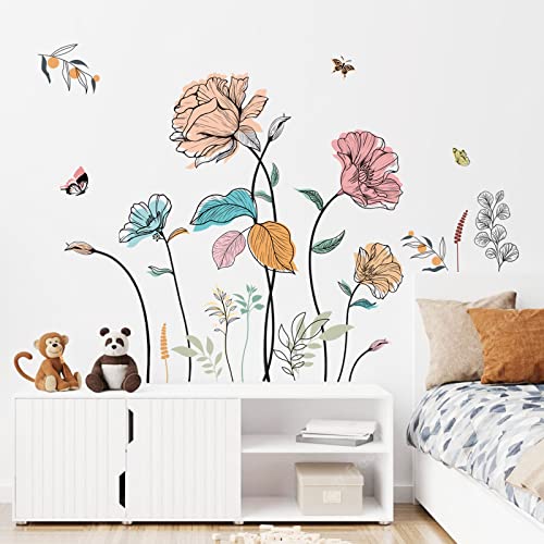 wondever Watercolor Flower Wall Stickers Colorful Wildflower Floral Peel and Stick Wall Art Decals for Living Room Bedroom TV Wall