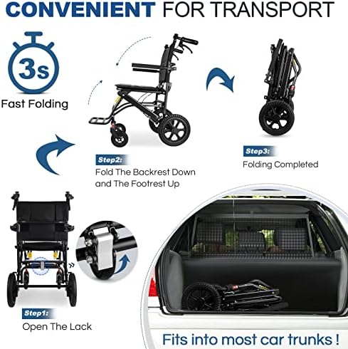 Transport Wheelchair Lightweight Foldable, Extra-Large Spring Shock Absorbers,All-Terrain Transport Chair, Upgraded Brakes Wheelchairs for Adults, Waterproof Travel Wheelchair