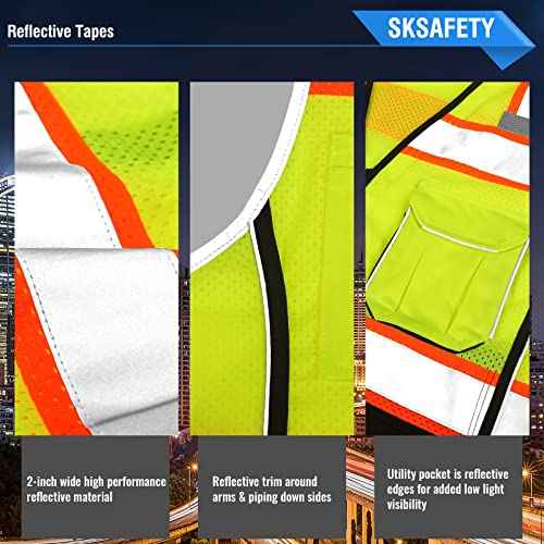 SKSAFETY 10 Pockets Professional level Safety Vest, Class 2 High Visibility Security Vest with Zipper, Hi Vis Vest with Reflective Strips, ANSI/ISEA Standard, Construction Work Vest£¨Lime Black, 3XL£©