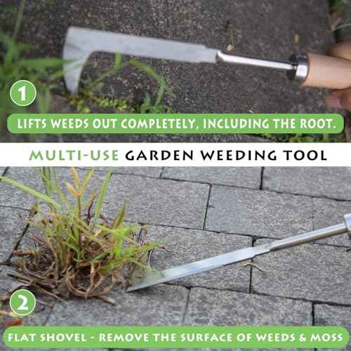 Crack Weeder, 12" Stainless Steel Crevice Weeding Tool with Wood Handle, L-Shaped Side-Walk Weed Puller Spatula, for Garden Lawn Yard Patio Terrace Paving Moss, Small Gardening Tool