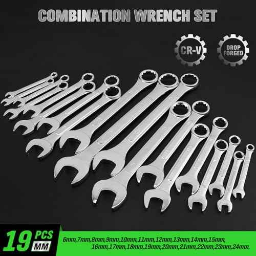 19-Piece Metric Combination Wrench Set, 6-24mm Standard Spanner Wrench Set, Mechanic Tool Sets with Rolling Pouch, Open End Wrenches for Household, Garage, Workshop, Auto Repairs