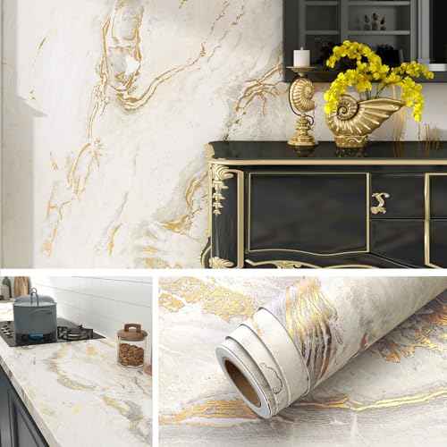 Livelynine Off White Marble Contact Paper for Countertops Desk Waterproof Gold Marble Wallpaper Peel and Stick Countertop Kitchen Vinyl Wrap Marble Counter Top Covers Bathroom Bedroom Walls 15.8x78.8