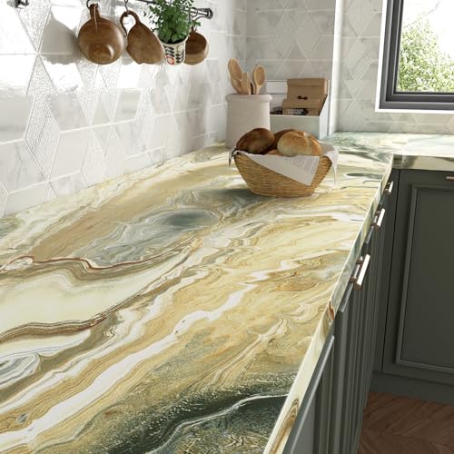 LACHEERY Green and Gold Marble Contact Paper for Countertops Matte Marble Countertop Peel and Stick Waterproof Bathroom Wallpaper Peel and Stick Countertops for Kitchen Counter Top Cabinets 15.8"x80"