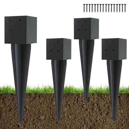 4 Pcs 4"x4" Fence Post Anchor Ground Spike 16"(Actual 3.6"x3.6") Heavy Duty Metal Fence Post Anchor with Black Powder-Coated for Deck,Fence,Porch,Railing,Mailbox