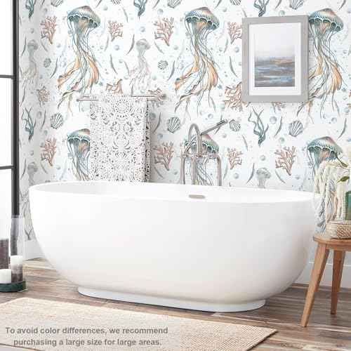 HeloHo Peel and Stick Wallpaper Light Blue Wall Paper Ocean Jellyfish Seaweed Self Adhesive Removable Waterproof Contact Paper for Bathroom Living Room Decor Kids Room Wallpaper 16.1" X 118"
