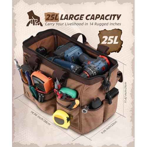 ARCFOX 14 Inch Portable Electrician Tool Bag 21 Pockets - Heavy Duty 16OZ Canvas Tool Bags Organizer with Wide Mouth & Adjustable Shoulder Strap for HVAC, Mechanics, Maintenance, UTV-Effortless Carry