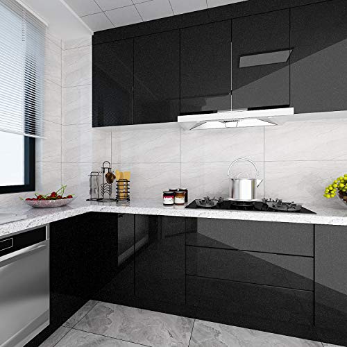 Livelynine Glossy Black Contact Paper Peel and Stick Kitchen Wallpaper Waterproof Cabinets Bathroom Peel and Stick Cabinet Covering Black Vinyl Wrap Sticky Desk Dresser Counter Top Covers 15.8x78.8