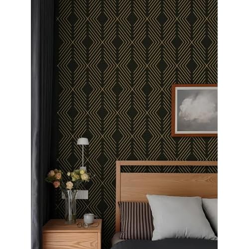 LiKiLiKi Peel and Stick Wallpaper Black and Gold Contact Paper Geometric Modern Wall Paper for Nursery Room Bedroom Bathroom Cabinets and Drawers Vinyl Roll Self-Adhesive Waterproof 17.3¡± x 78.7¡±
