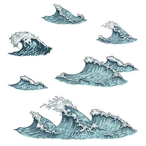 PLIGREAT 6 Pcs Blue Ocean Sea Waves Wall Stickers, Removable Vinyl Peel and Stick Wall Decals for Bathroom Nusery Bedroom Playroom Wall Decoration Home Indoor DIY Wall Art Decor Bathtub Decals