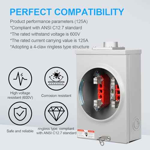 125 Amp Meter Socket, 4 Jaw Meter Base, 600V 3 Wire Ringless Type, with Horn Bypass Meter Cover Plate, Suitable for Overhead/Underground Feed
