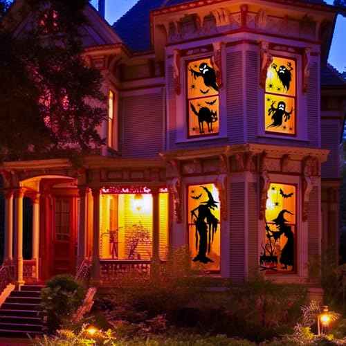 Cholemy Halloween Wall Decals - 4 Sheets, 35.4 x 11.8 Inch Large Witch Spider Bat Pumpkin Stickers, Removable Clings for Home Party Decor Supplies