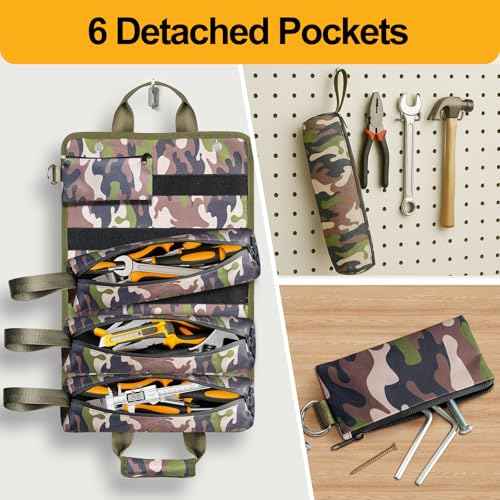 Tool Bag, Heavy Duty Tool Organizer, Portable Tool Pouch for Men, 6 Detachable Pouches, Foldable Carrying Tool Storage, Mechanic & Electrician Dad Birthday Gifts, Camo-Green