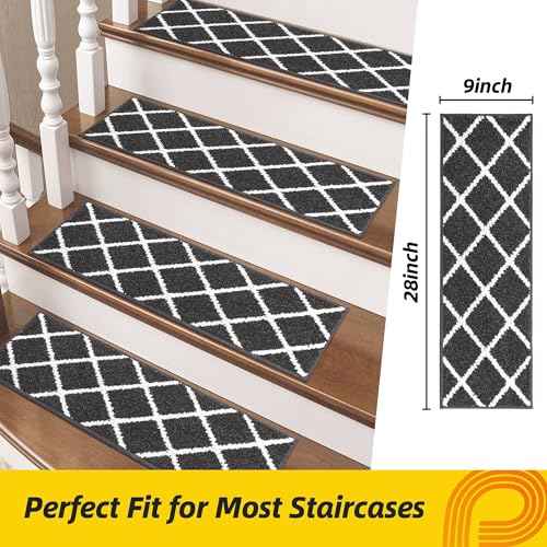 Non-Slip Stair Treads for Wooden Steps Indoor, 15 Pack 9" X 28" Edging Stair Carpet Mat with TPE Backing, 0.4" Thick Stair Runners for Kids Elders & Pets, 100% Polyester Stair Rugs, Black&White