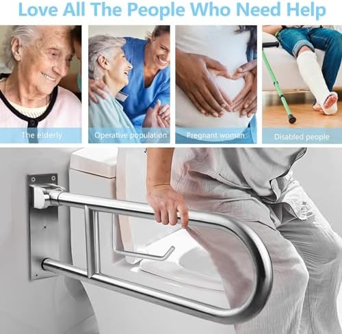 Toilet Grab Bar Stainless Steel Handicap Rails Grab Bars Bathroom Support for Elderly Disabled Safety Hand Railing Guard Frame Shower Assist Aid Handrails Hand Grips (23.6 Inches with Paper Holder)